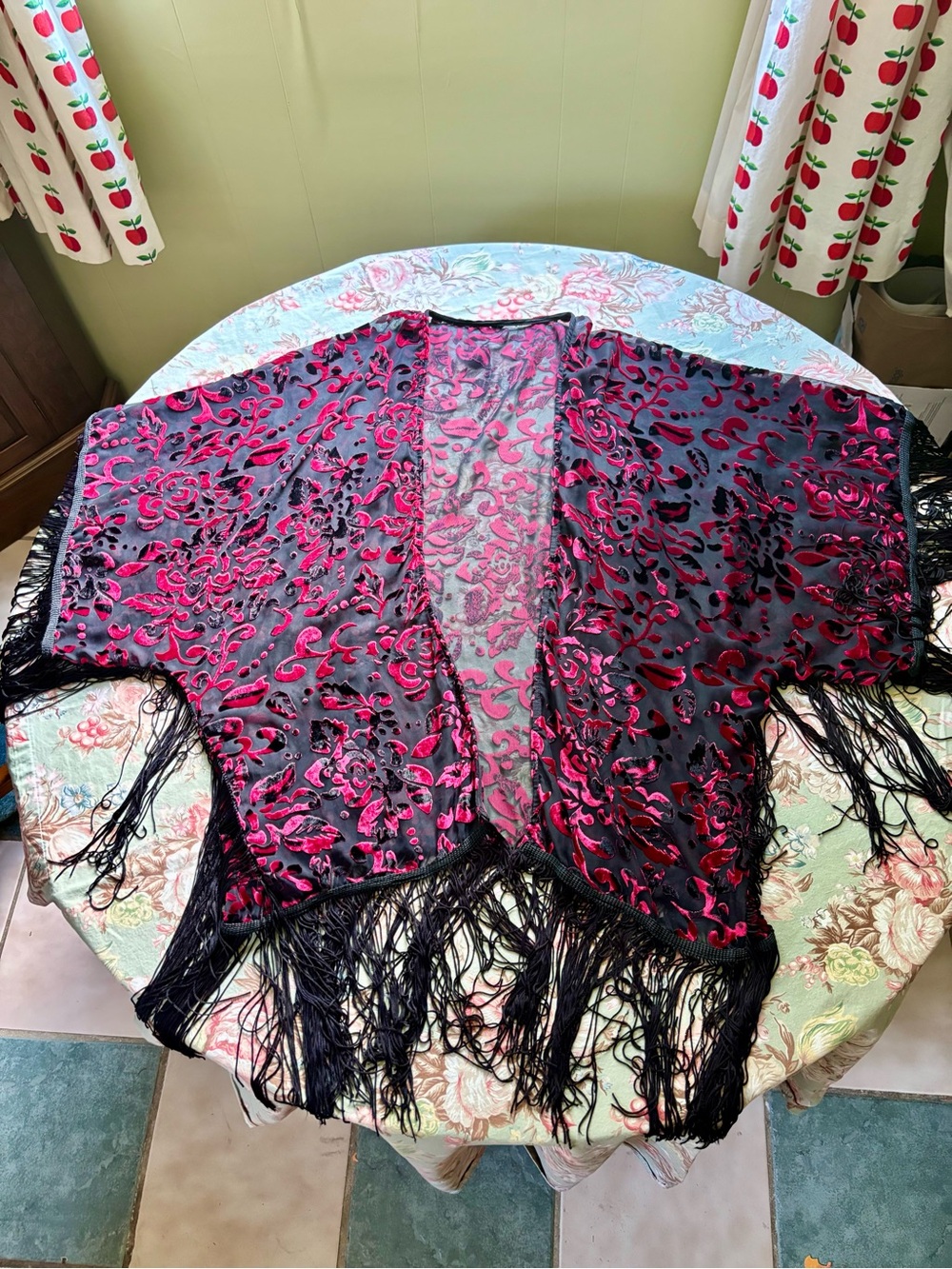 Vintage Red Black Burnout Velvet Floral Kimono Jacket Long Fringe Devore Evening